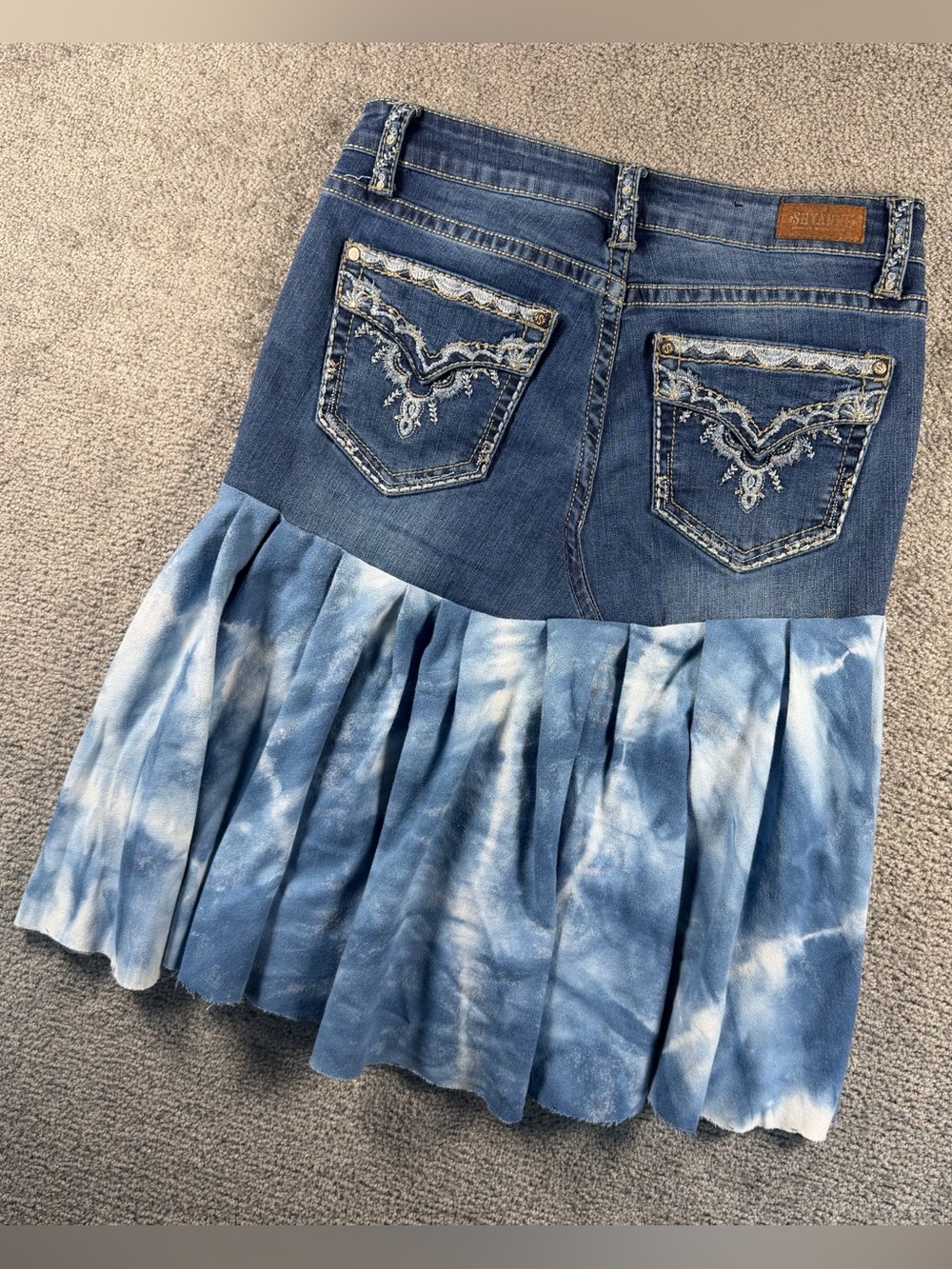 Shyanne Blue Denim Midi Skirt with Tie-Dye Pleated Hem concert hybrid